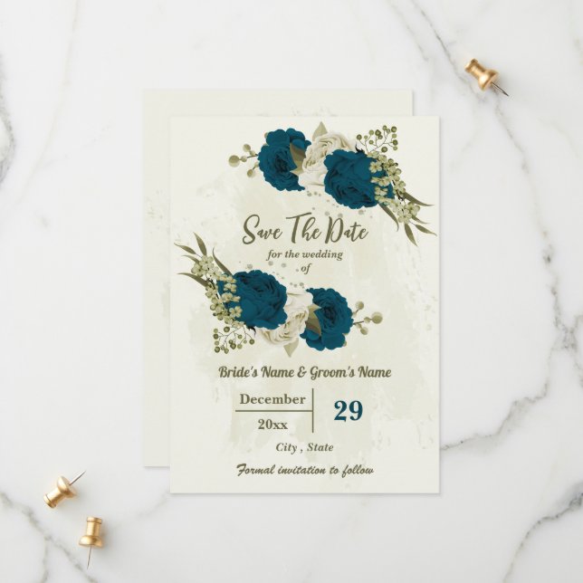 aquamarin-beige-Blume botanische Hochzeit Save The Date (Vorderseite/Rückseite Beispiel)