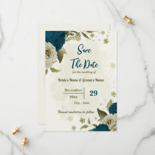 aquamarin-beige-Blume botanische Hochzeit Save The Date
