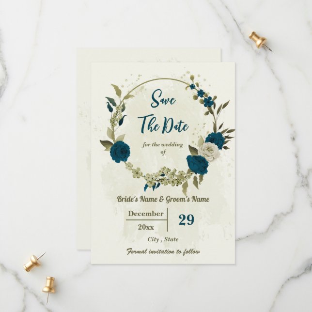 aquamarin-beige-Blume botanische Hochzeit Save The Date (Vorderseite/Rückseite Beispiel)
