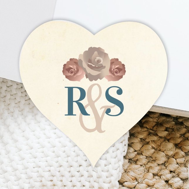 Aquamarin, beige, dreckige, rosafarbene Monogramm  Herz-Aufkleber (Blush, Beige Roses Simple Monogram Wedding Heart Sticker, Couple's Initials, Party Favor Sticker)