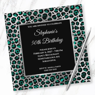 Aquamarin Black and Silver Leopard Glam 50. Geburt Einladung