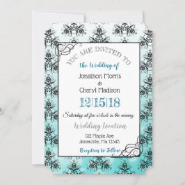 Aquamarin Black Damask Classy Wedding Einladungen