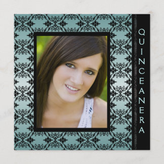 Aquamarin Black Damask Picture Sweet 15 Quinceaner Einladung