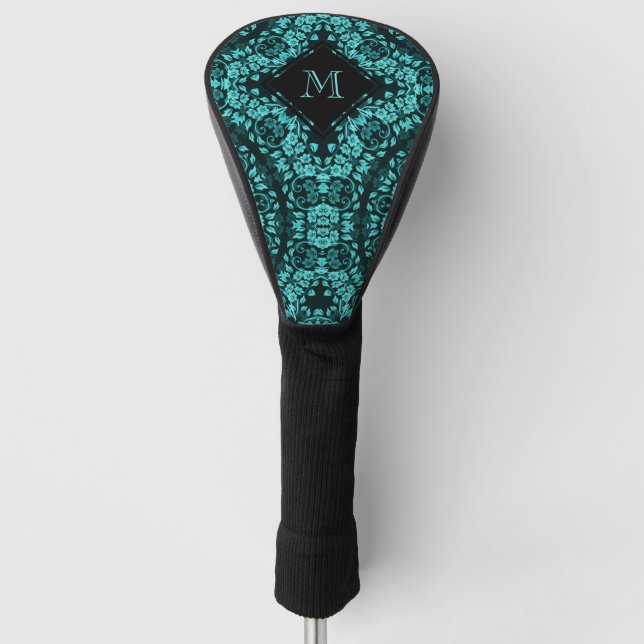 Aquamarin Black Floral Mandala Monogram Golf Headcover (Vorderseite)