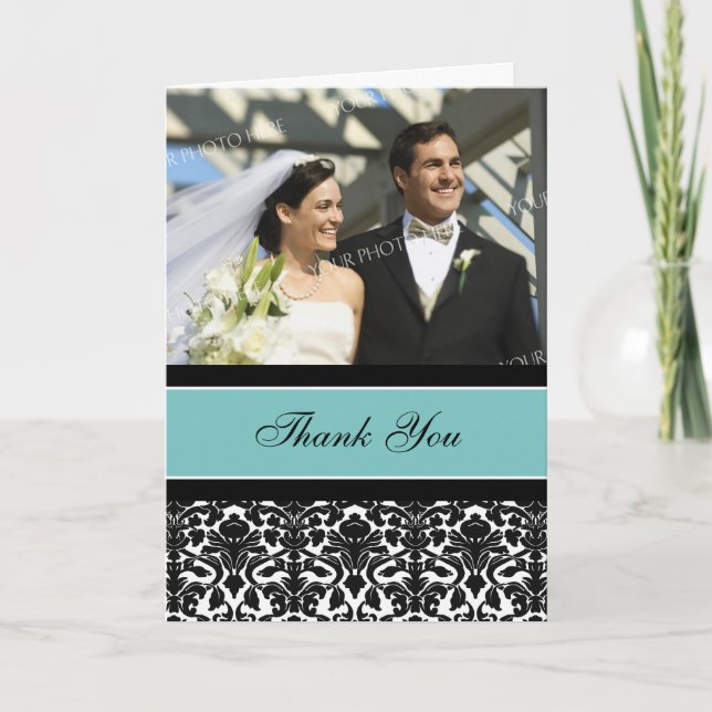 Aquamarin Black Foto Wedding Dankeschön Card Dankeskarte (Vorderseite)