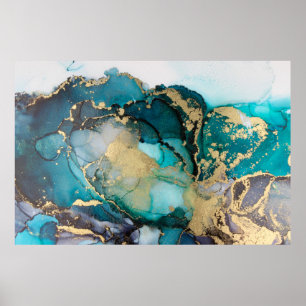 Aquamarin Black Gold Alcohol Ink Fluid Artabstract Poster