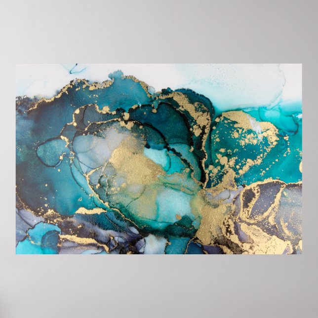 Aquamarin Black Gold Alcohol Ink Fluid Artabstract Poster (Vorne)