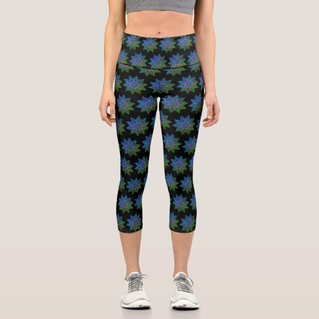 Aquamarin & Black Lotus Mandala Capri Leggings (Vorderseite)