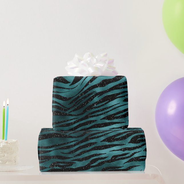 Aquamarin & Black Ombre Glam Glitzer Tiger Streife Geschenkpapier (Partygeschenke)