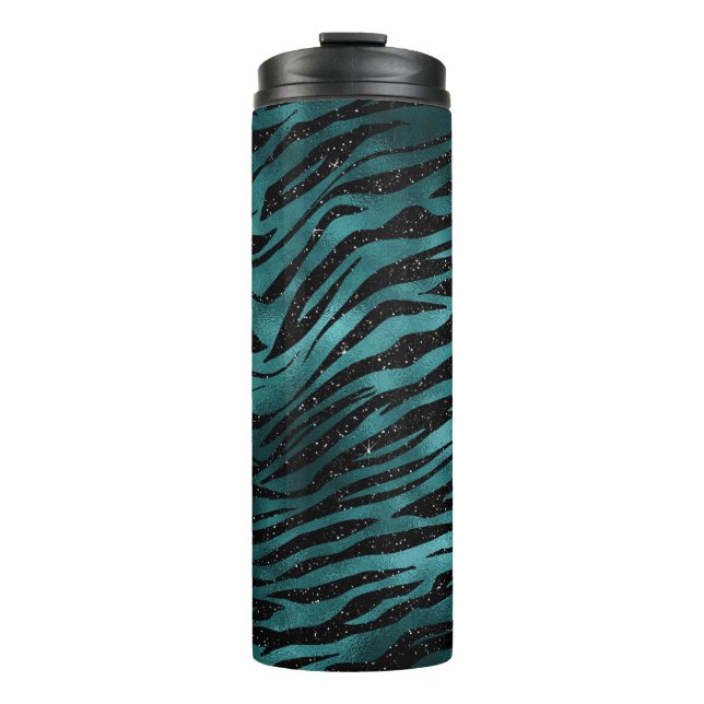 Aquamarin & Black Ombre Glam Glitzer Tiger Streife Thermosbecher (Vorderseite)