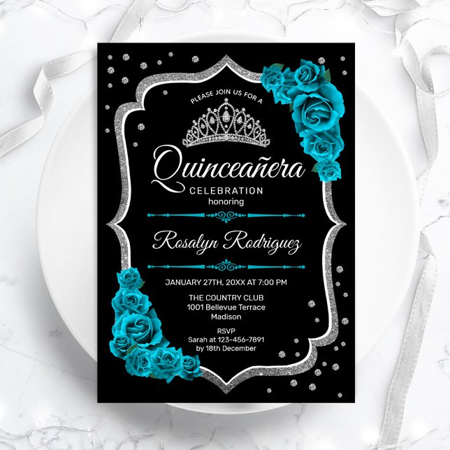 Aquamarin Black Silver Elegante Quinceanera Einladung (Von Creator hochgeladen)