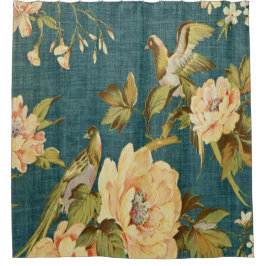 aquamarin blau, antik, Vintag, Tapete, Vögel, blüh Duschvorhang