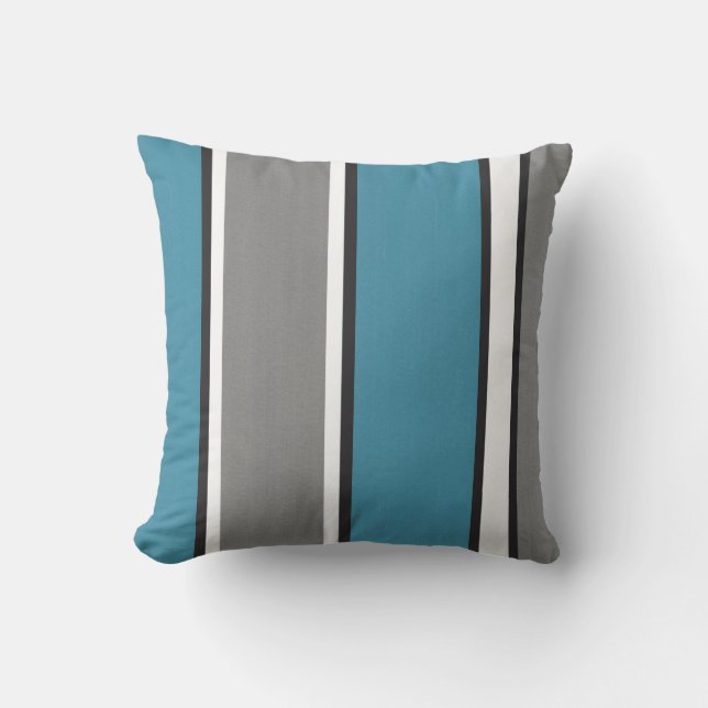 Aquamarin-blau-grau Schwarz-weiß gestreifte Modern Kissen (Vorderseite)