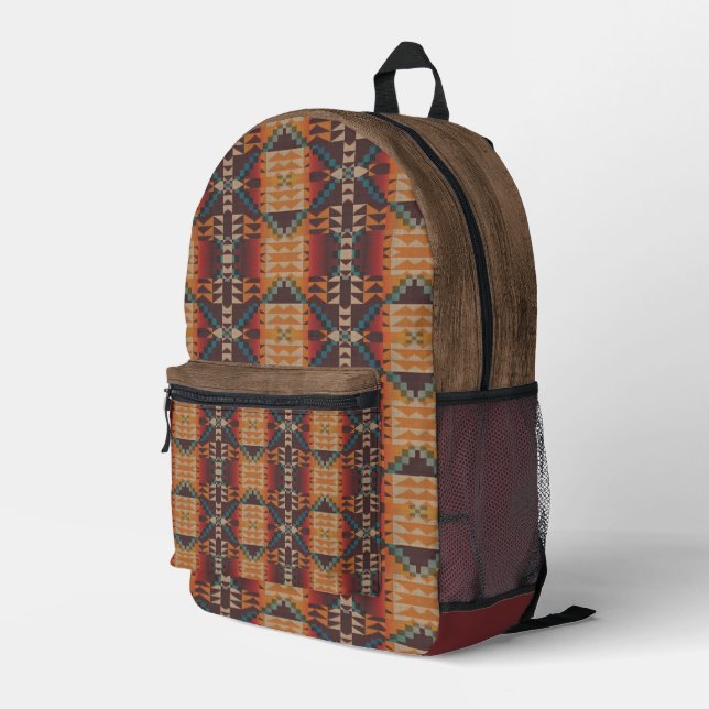 Aquamarin Blau grün Orange Rote Taupe Beige Tribal Bedruckter Rucksack (Rückseitige Ecke Rechts)