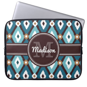 Aquamarin Blau / Mocha Brown Boho Ikat Diamond Mus Laptopschutzhülle