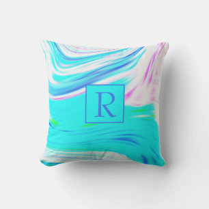 Aquamarin Blau Pink Abstrakt Waves Monogramm Niedl Kissen