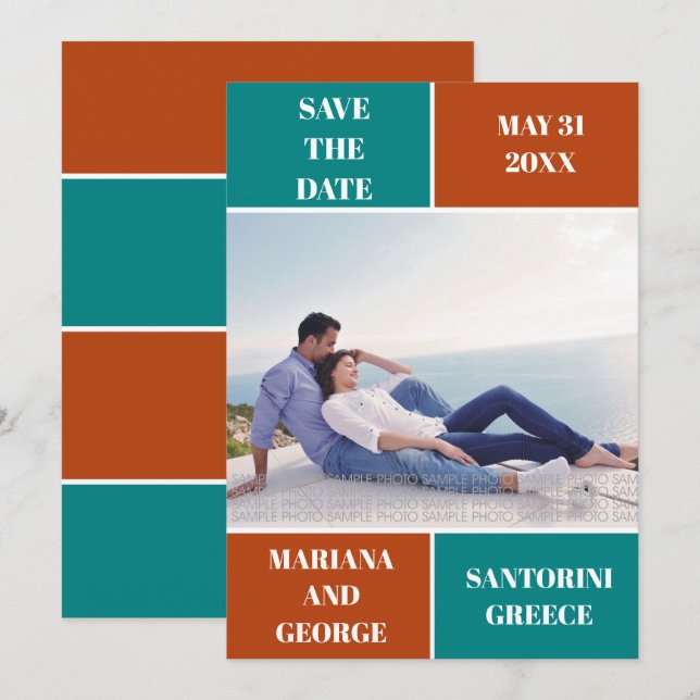 Aquamarin Blau, Rostfarbenblock Hochzeit Speichern Save The Date (Vorne/Hinten)