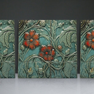 Aquamarin Blau Rote Florale Organische Muster Fliese