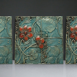 Aquamarin Blau Rote Florale Organische Muster Fliese