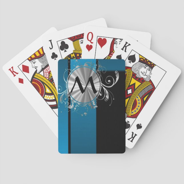 Aquamarin-blau-schwarz-monogramm Spielkarten (Rückseite)