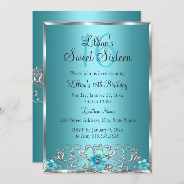 Aquamarin Blau Silberblütenwirbel Sweet 16 Einladu Einladung (Vorne/Hinten)