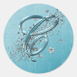 Aquamarin Blau Silver Glitzer Script Text Monogram Runder Aufkleber