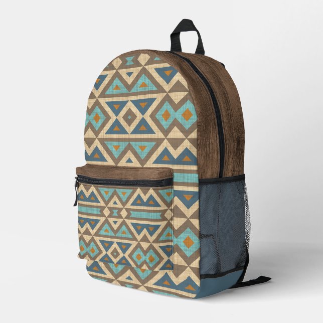 Aquamarin Blau Türkis Orange Brown Tribal Art Bedruckter Rucksack (Rückseitige Ecke Rechts)