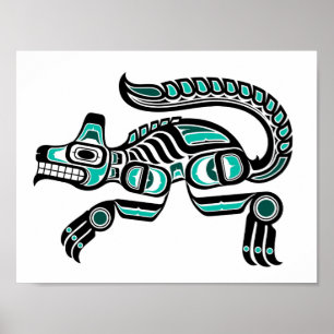 Aquamarin Blau und Schwarz Haida Spirit Wolf Poster