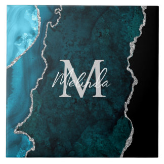 Aquamarin Blau und Silbermarmor Agate Fliese