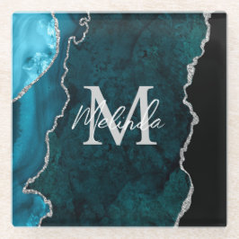 Aquamarin Blau und Silbermarmor Agate Glasuntersetzer