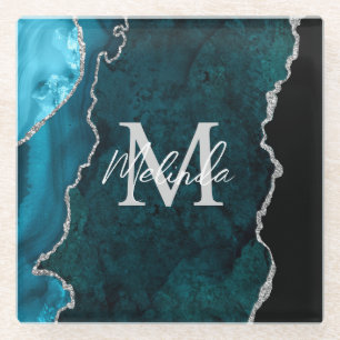 Aquamarin Blau und Silbermarmor Agate Glasuntersetzer