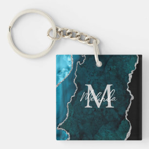 Aquamarin Blau und Silbermarmor Agate Schlüsselanhänger