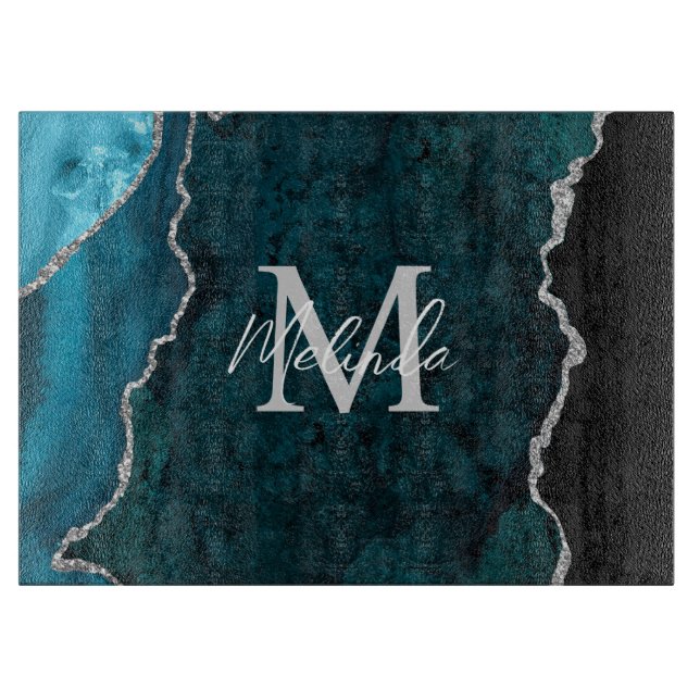 Aquamarin Blau und Silbermarmor Agate Schneidebrett (Vorderseite)