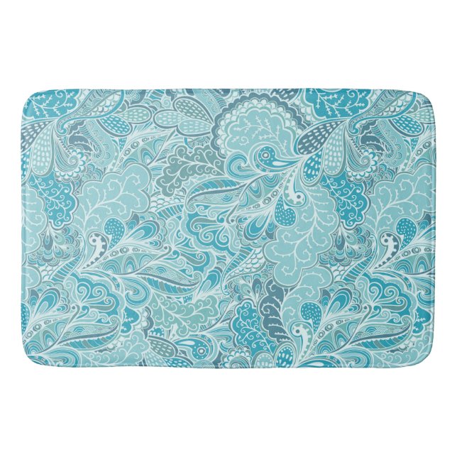 Aquamarin Blau und Weiß Abstrakt Paisley Print Badematte (Vorderseite)