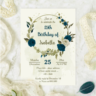 aquamarin-blaubeige Blume botanischer Geburtstag Einladung