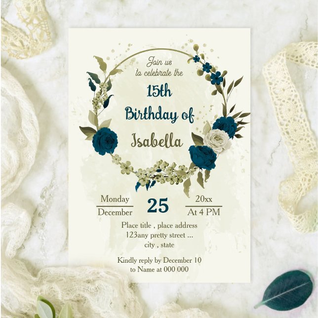 aquamarin-blaubeige Blume botanischer Geburtstag Einladung (Von Creator hochgeladen)