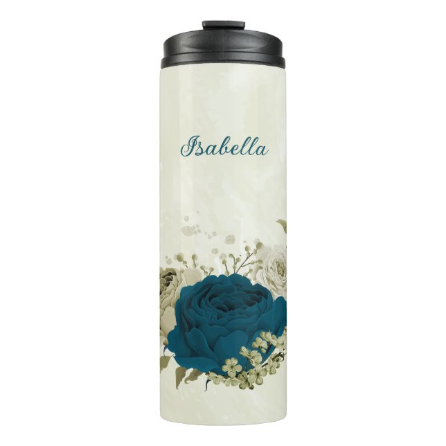 aquamarin-blaubeige Blumenhochzeit Thermosbecher (Vorderseite)