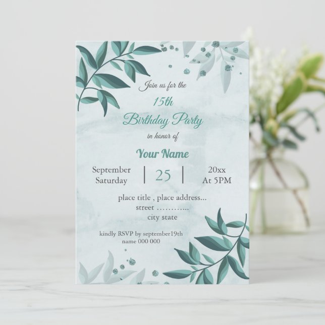 aquamarin-blaue Blätter botanische Geburtstagspart Einladung (Stehend Vorderseite)