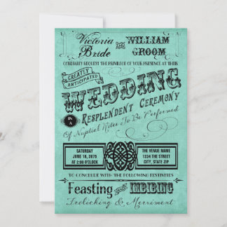 Aquamarin-Blaue-Vintag-Typografie-Hochzeit Einladung