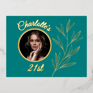 Aquamarin blauer gelber und grafischer Goldschmied Folie Einladungspostkarte