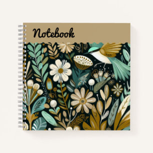Aquamarin Bloom Notebook - Decorative Folk Birds T Notizbuch