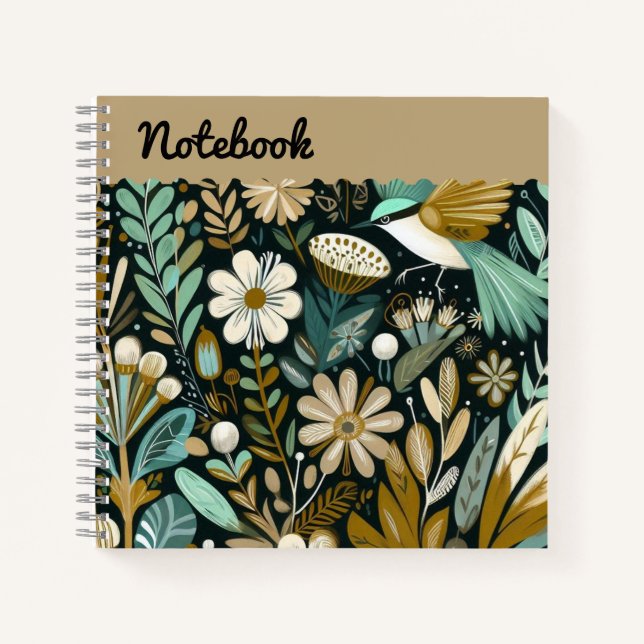 Aquamarin Bloom Notebook - Decorative Folk Birds T Notizbuch (Vorderseite)