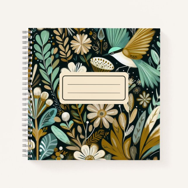 Aquamarin Bloom Notebook - dekorative Folk Birds Notizbuch (Vorderseite)