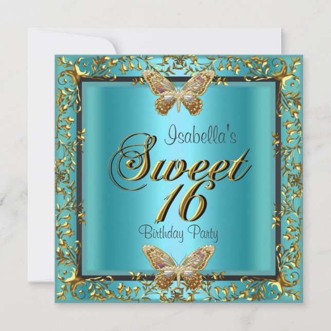 Aquamarin Blue 16 . Geburtstag 16 Gold Butterfly Einladung (Vorderseite)