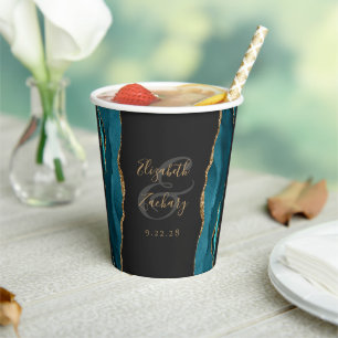 Aquamarin Blue Agate Gold Glitzer Script Wedding Pappbecher