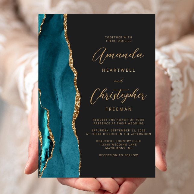 Aquamarin Blue Agate Gold Script Hochzeit Einladung (Von Creator hochgeladen)