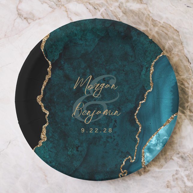 Aquamarin Blue Agate Gold Script Wedding Pappteller (Von Creator hochgeladen)