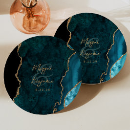 Aquamarin Blue Agate Gold Script Wedding Pappteller