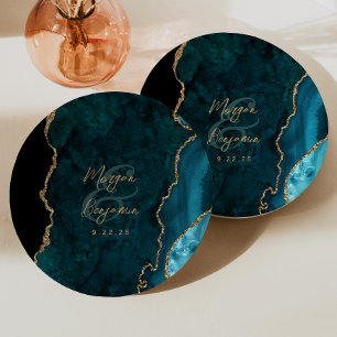 Aquamarin Blue Agate Gold Script Wedding Pappteller