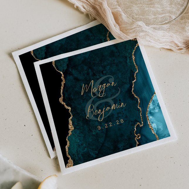 Aquamarin Blue Agate Gold Script Wedding Serviette (Von Creator hochgeladen)